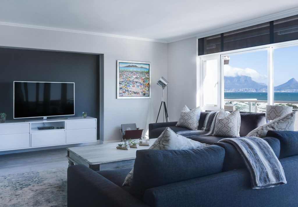 living room with gray and white hues